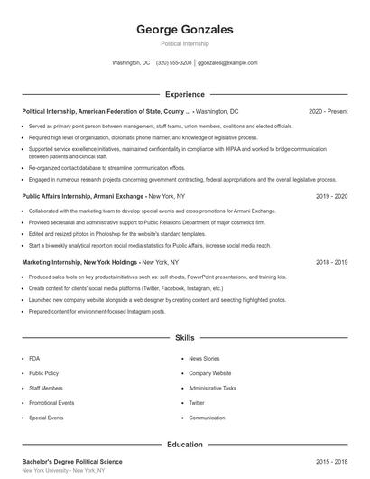 Political Internship Resume