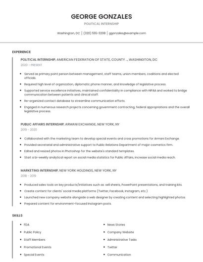 Political Internship Resume