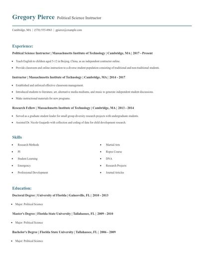 Political Science Instructor Resume