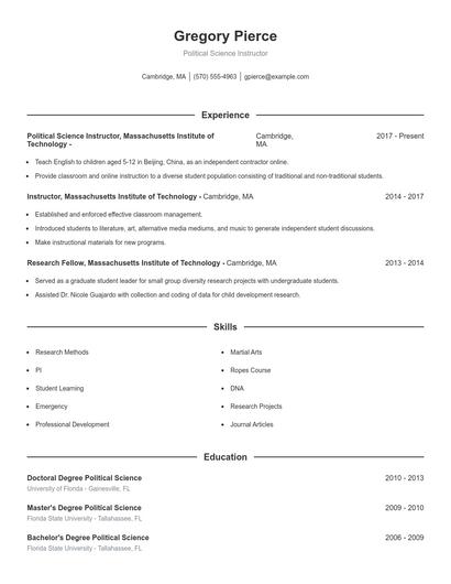 Political Science Instructor Resume