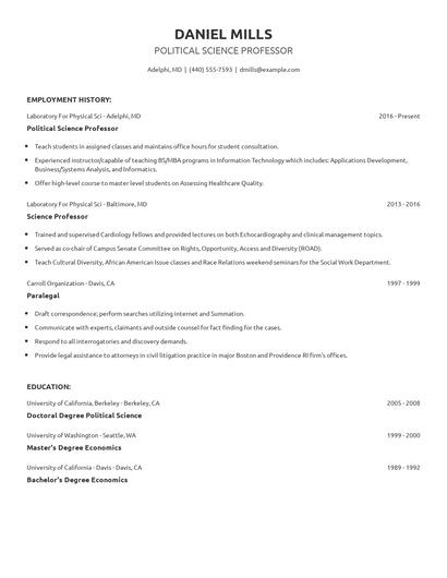 Political Science Professor Resume