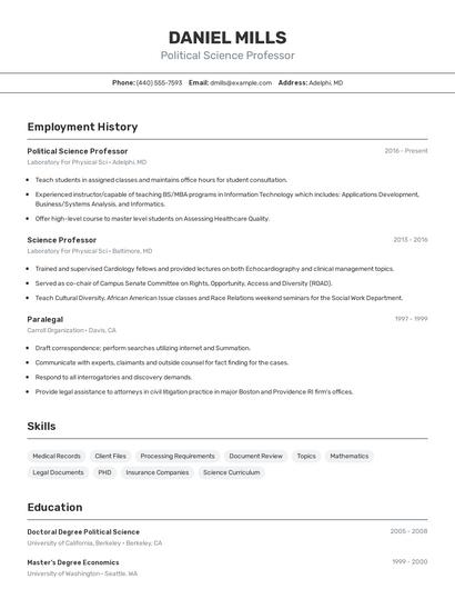 Political Science Professor Resume
