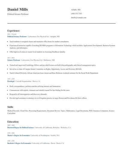 Political Science Professor Resume