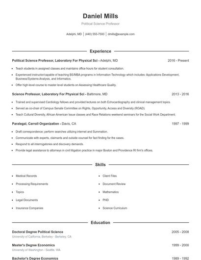 Political Science Professor Resume