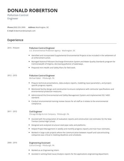 Pollution Control Engineer Resume