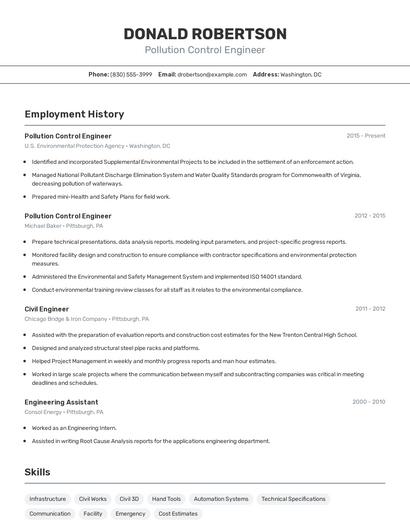 Pollution Control Engineer Resume