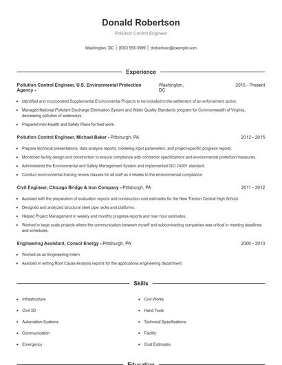 Pollution Control Engineer Resume