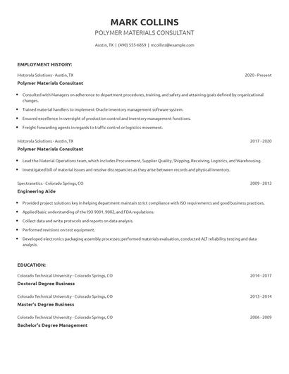 Polymer Materials Consultant Resume