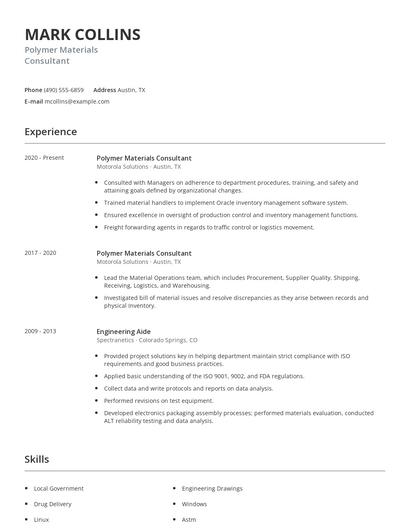 Polymer Materials Consultant Resume