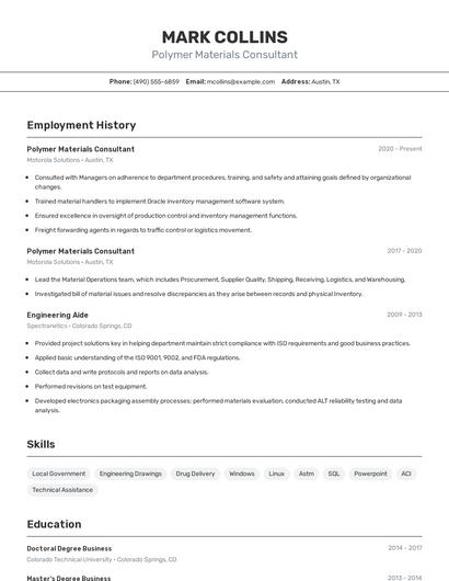 Polymer Materials Consultant Resume