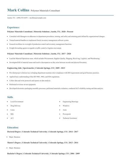 Polymer Materials Consultant Resume