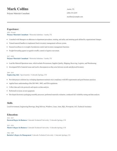 Polymer Materials Consultant Resume