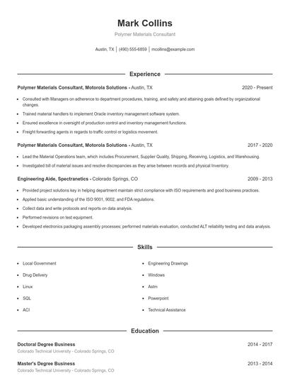 Polymer Materials Consultant Resume