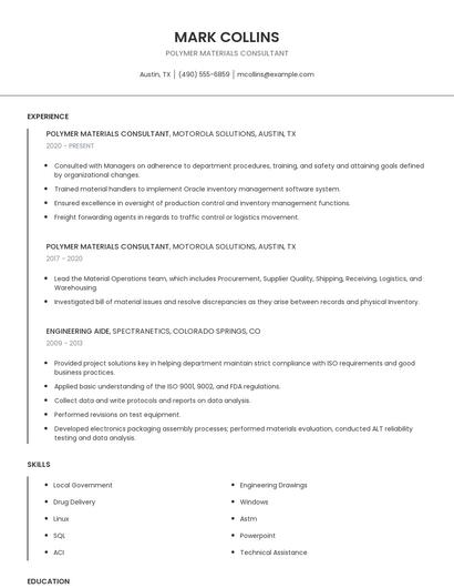 Polymer Materials Consultant Resume