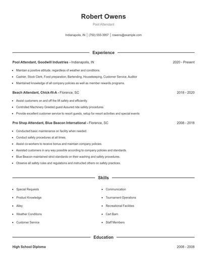 Pool Attendant Resume