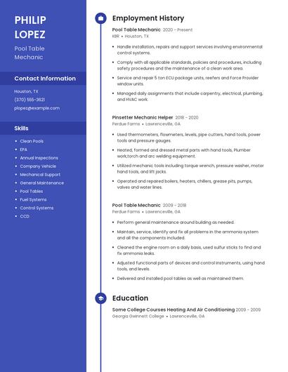 Pool Table Mechanic Resume