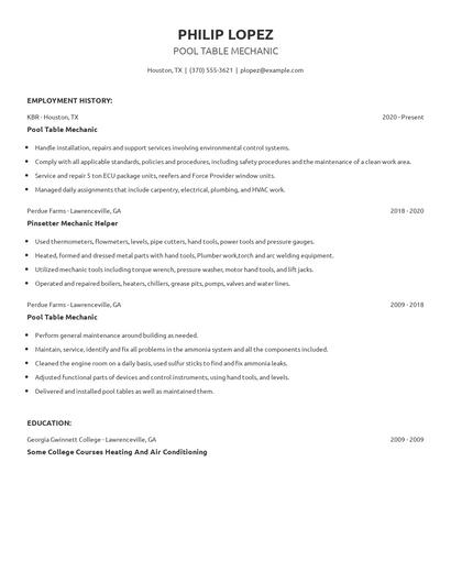 Pool Table Mechanic Resume