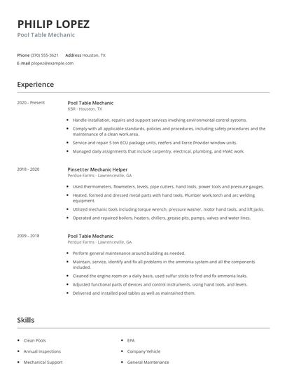 Pool Table Mechanic Resume