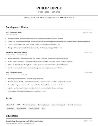Pool Table Mechanic Resume