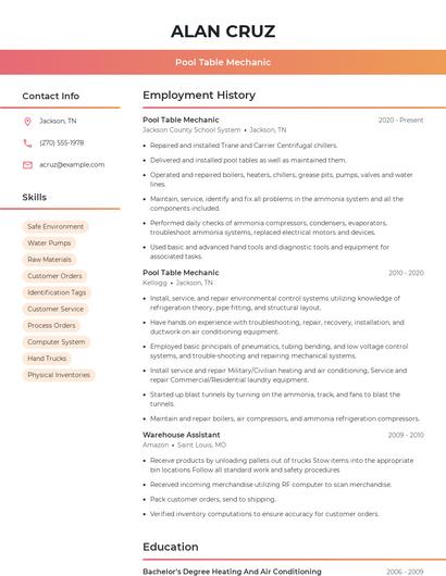 Pool Table Mechanic Resume