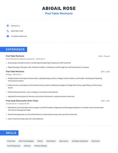 Pool Table Mechanic Resume
