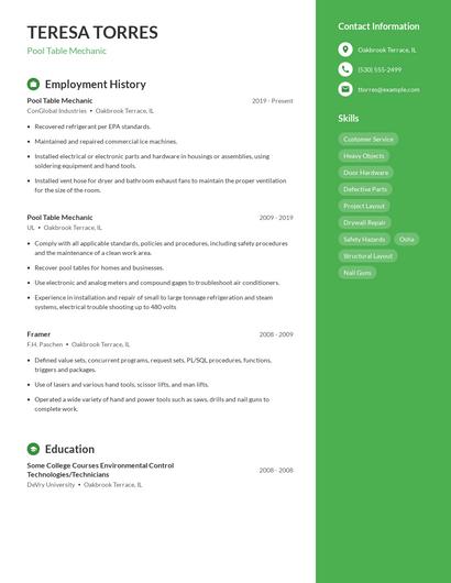 Pool Table Mechanic Resume