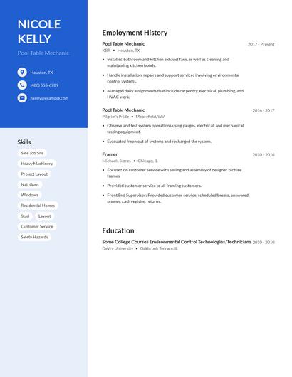 Pool Table Mechanic Resume