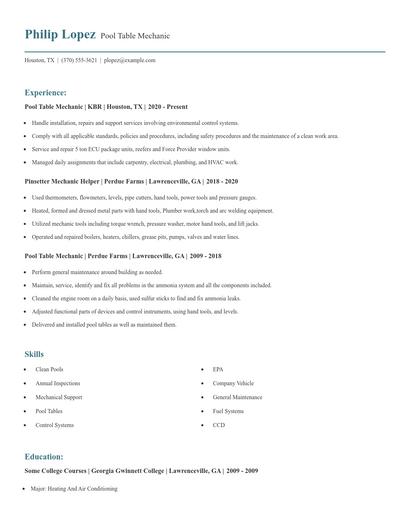 Pool Table Mechanic Resume