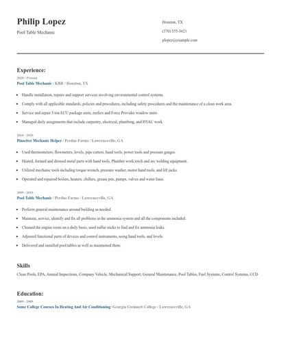 Pool Table Mechanic Resume
