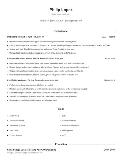 Pool Table Mechanic Resume