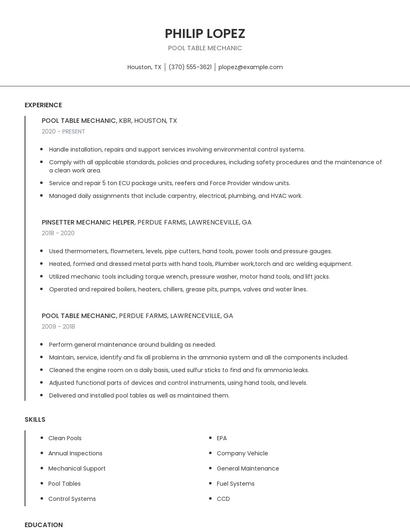 Pool Table Mechanic Resume
