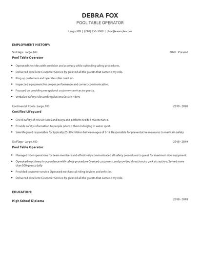 Pool Table Operator Resume
