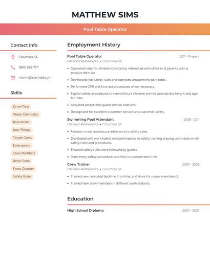 Pool Table Operator Resume