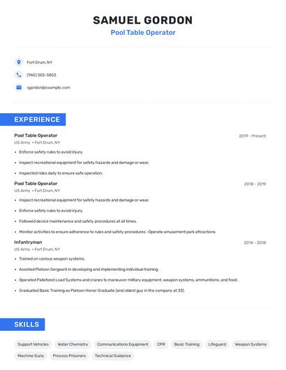 Pool Table Operator Resume