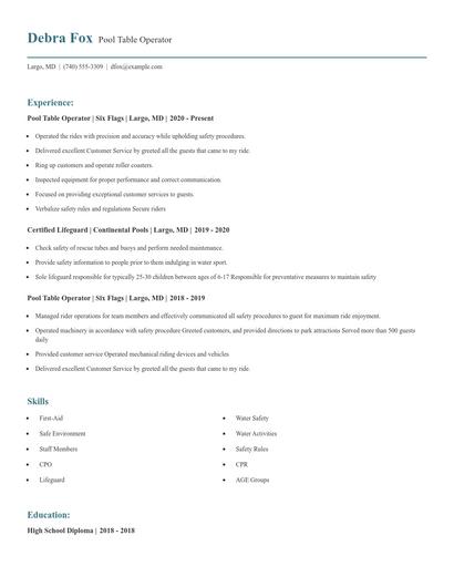 Pool Table Operator Resume