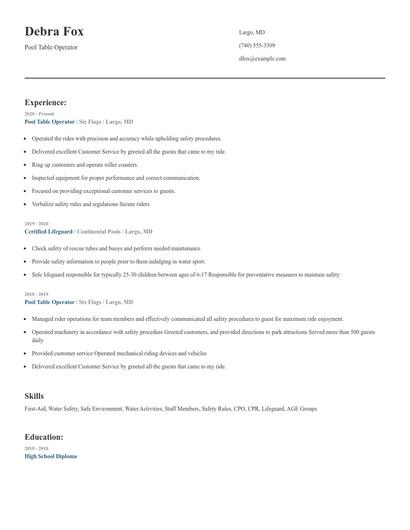 Pool Table Operator Resume