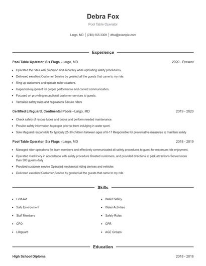 Pool Table Operator Resume