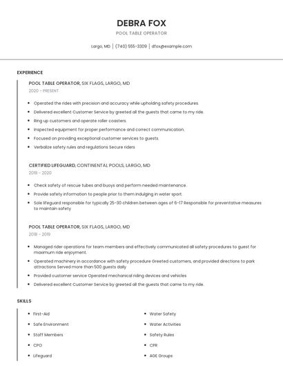Pool Table Operator Resume