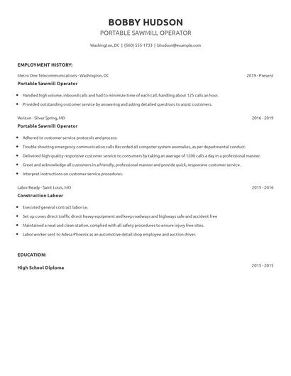 Portable Sawmill Operator Resume