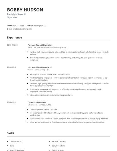 Portable Sawmill Operator Resume