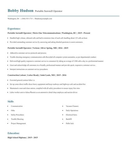 Portable Sawmill Operator Resume