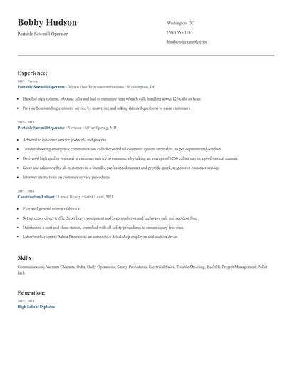 Portable Sawmill Operator Resume