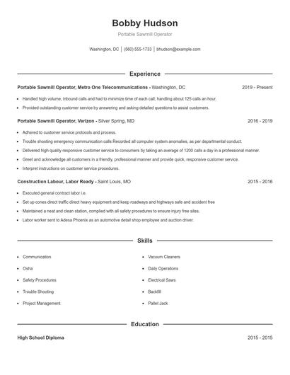 Portable Sawmill Operator Resume