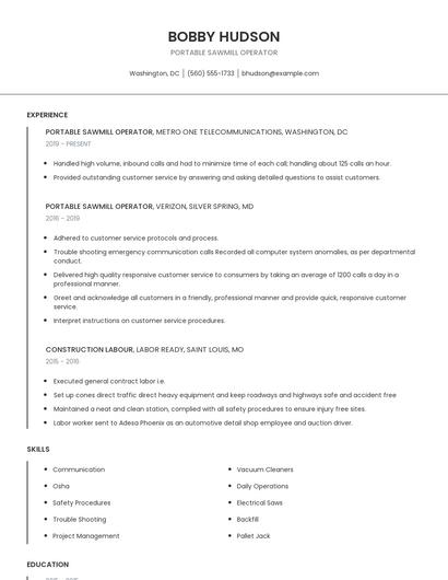 Portable Sawmill Operator Resume