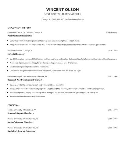 Post Doctoral Researcher Resume