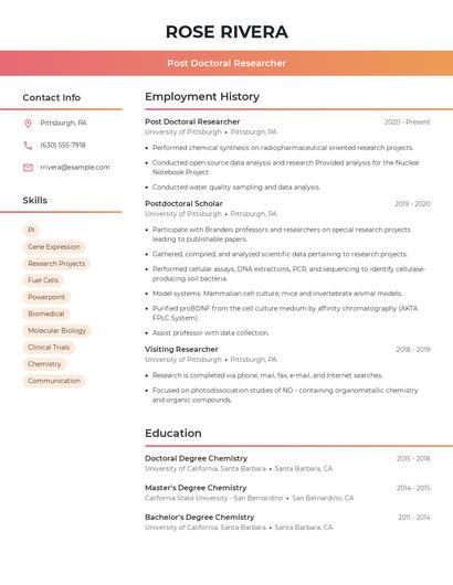 Post Doctoral Researcher Resume