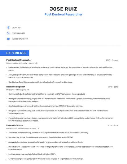 Post Doctoral Researcher Resume