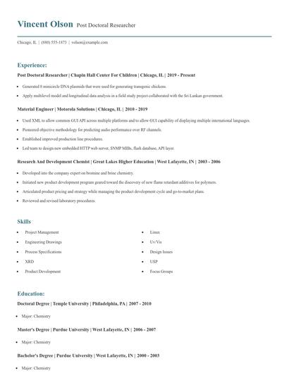 Post Doctoral Researcher Resume
