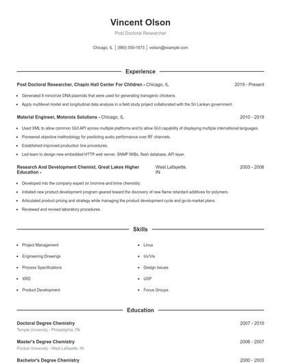 Post Doctoral Researcher Resume