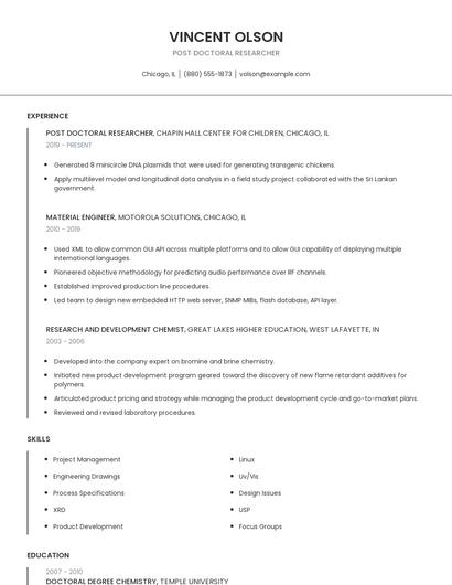 Post Doctoral Researcher Resume